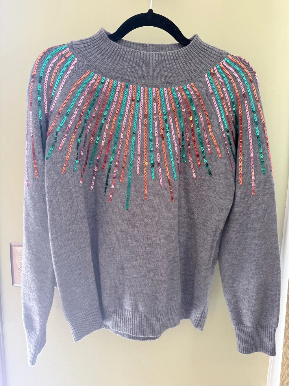 Sequin-Yoke Gray Turtleneck Sweater
